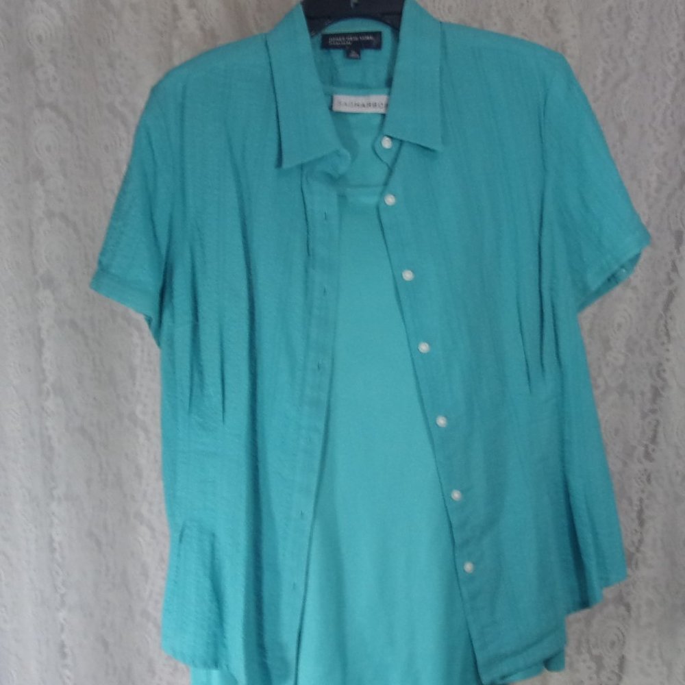Jones NY Short Sleeve Aqua 100% Cotton Shirt Size XL